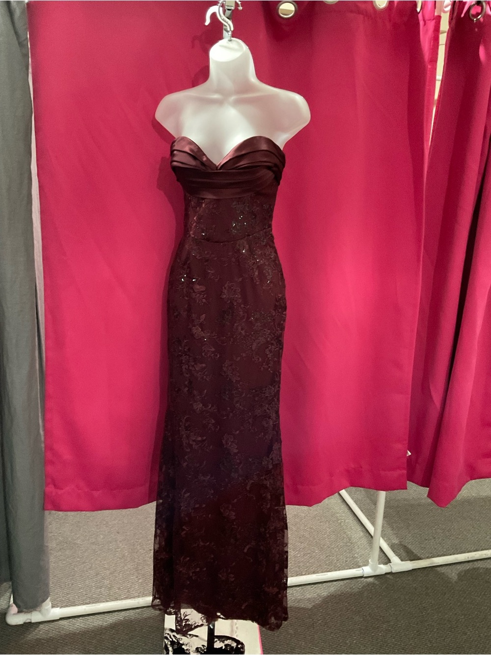 Strapless Burgundy Evening Gown with Straps